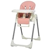 HOMCOM Hochstuhl Baby Babystuhl mit Fußstütze Kinderhochstuhl Tisch mit abnehmbarem Tablett höhenverstellbar und klappbar für 6-36 Monate PP Stahl Rosa 55 x 80 x 104 cm