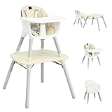 COSTWAY 4 in 1 Baby-Hochstuhl, umwandelbarer Babystuhl mit 5-Punkt-Gurt, abnehmbarem & verstellbarem Tablett, Tisch- & Stuhl-Set für Babys & Kleinkinder (Beige)