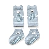 Baby Knieschützer Socken Set, Weiche Baumwolle Krabbelknie Fußschützer mit Rutschfesten Punkten für Baby Jungen Mädchen Krabbeln Laufen Lernen Blau (M 1-2 Jahre alt)
