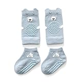 Baby Knieschützer Socken Set, Weiche Baumwolle Krabbelknie Fußschützer mit Rutschfesten Punkten für Baby Jungen Mädchen Krabbeln Laufen Lernen Blau (M 1-2 Jahre alt)