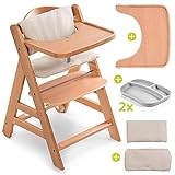 Hauck Hochstuhl Set Alpha Plus Move inkl. Essbrett, Sitzkissen und 2x Babyteller Silikon - mitwachsender Holz Babystuhl / Kinderhochstuhl mit Rollen, Gurt und Tisch - Natur Beige