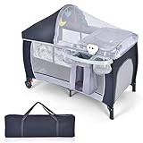 Klappbares Babybett 4 in 1 Reisebett Laufgitter Wiege Windeltisch mit Spieluhr, Spielbogen, Wickelauflage, Matratze, Windel Organizer und Tragetasche zusammenklappbar, ab Geburt bis 15 kg, Grau QZPDEJ