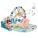 GOPLUS Baby Activity Spielmatte, Weiche Spieldecke mit Spielbogen & Piano & Spielzeuge, Aktivitätsmatte mit Musik und Licht, für Säuglinge und Kleinkinder ab 0 Jahren, Blau