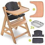 Hauck Hochstuhl Set Alpha Plus Move inkl. Essbrett, Sitzkissen und 2x Babyteller Silikon - mitwachsender Holz Babystuhl / Kinderhochstuhl mit Rollen, Gurt und Tisch - Natur Dunkelgrau