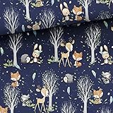 Meterware, Stoffe zum Nähen für Kinder, 100% Baumwolle: 0,5m Mädchen Premium Baumwollstoff mit Waldtiere - Reh Hase Igel Fuchs Waschbär - blau rosa grau - Tiere Waldfreunde Girls blue